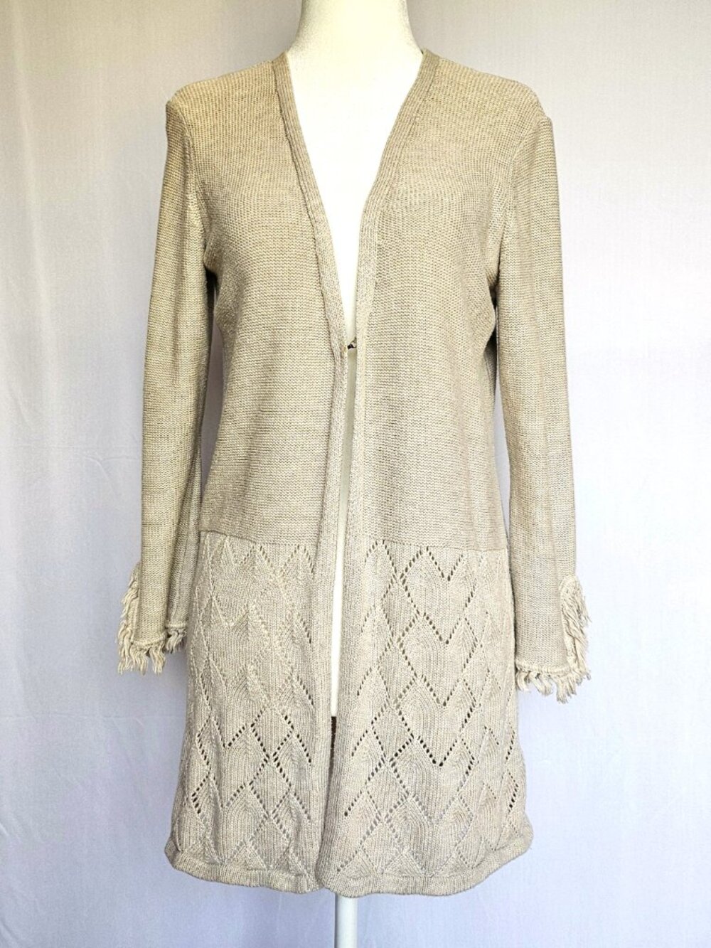 Style & Co Beige Fringe Hem Cardigan | Boho Open Knit | Size S